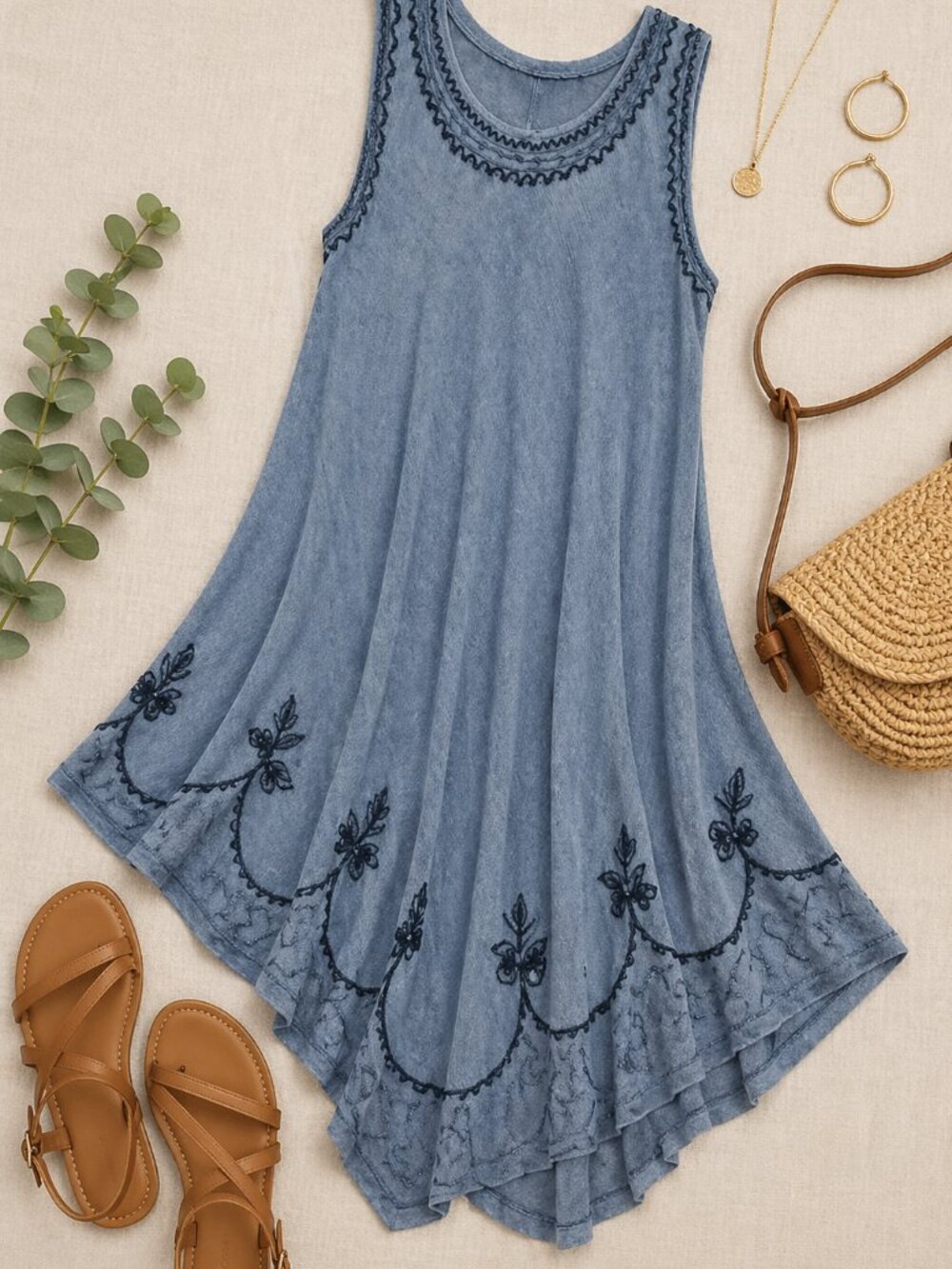 India Boutique Blue Embroidered Hem Swing Dress Boho Sleeveless